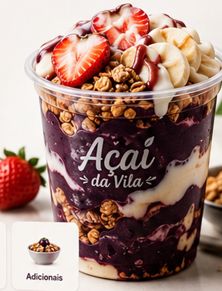 Copo de açaí com morango, banana, granola e creme